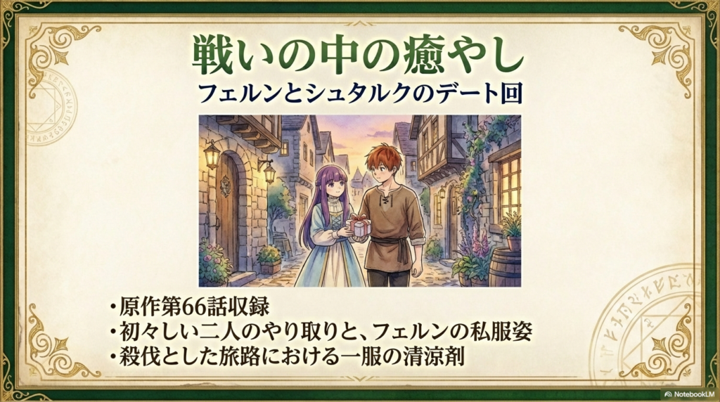 原作第66話のフェルンとシュタルクのデートシーン。フェルンの私服姿と初々しいやり取りを描いたイラストスライド。