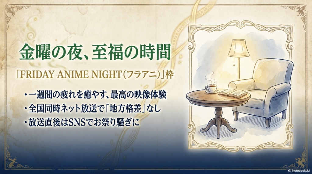 FRIDAY ANIME NIGHT（フラアニ）枠の放送で全国同時ネット、SNSでの盛り上がりを説明するスライド