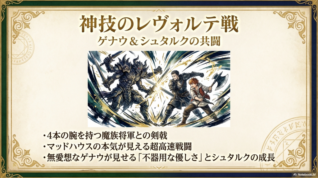 魔族将軍レヴォルテと対峙するゲナウとシュタルクのアクションシーンをイメージしたスライド