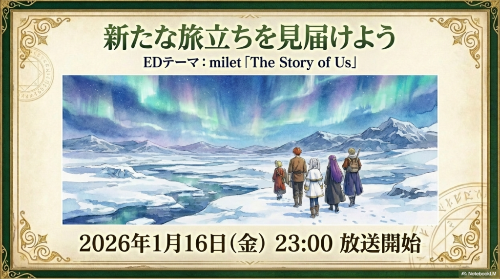 第2期のエンディングテーマ曲情報と2026年1月16日の放送開始を告知するスライド