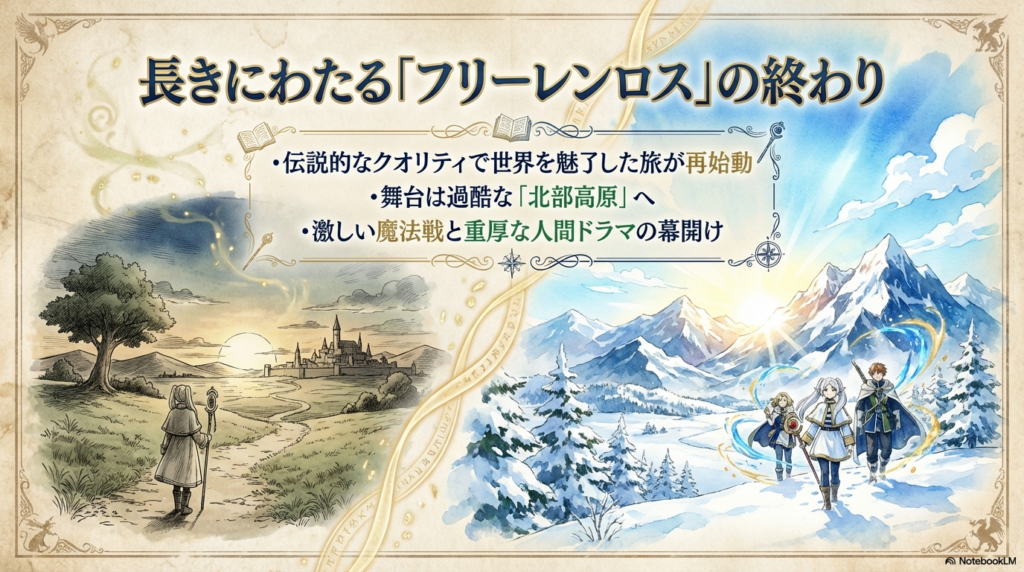 北部高原を舞台にした激しい魔法戦と人間ドラマを予告する紹介スライド