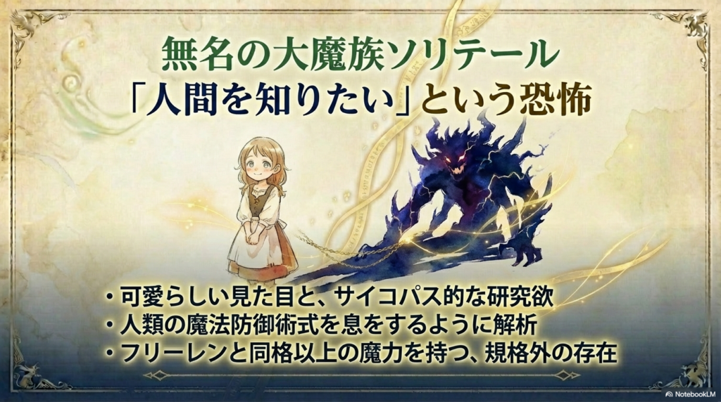 人間を知ろうとする恐怖の大魔族ソリテールのキャラクター紹介。可愛らしい見た目と魔力のギャップを解説。