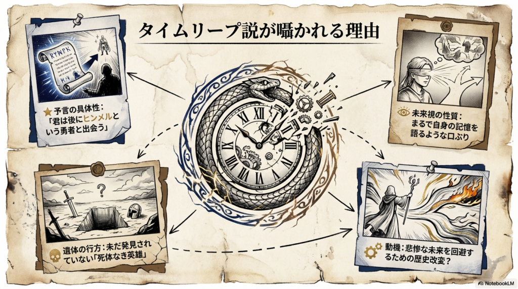 葬送のフリーレンにおける南の勇者タイムリープ説の根拠と予言の具体性についての解説図