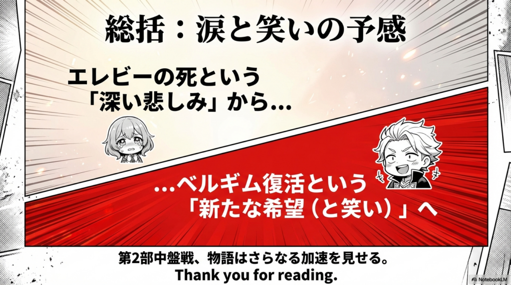 エレビーの悲しみからベルギムの希望と笑いへ繋がる物語の加速を伝えるまとめ画像