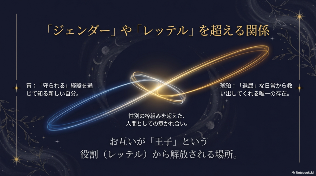 滝口宵と市村琥珀が性別の枠組みや「王子」という役割を超えて惹かれ合う関係性の考察スライド