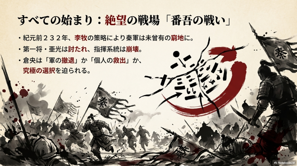 李牧の策により秦軍が窮地に陥り、倉央が軍の撤退か個人の救出かの究極の選択を迫られる場面の図解。