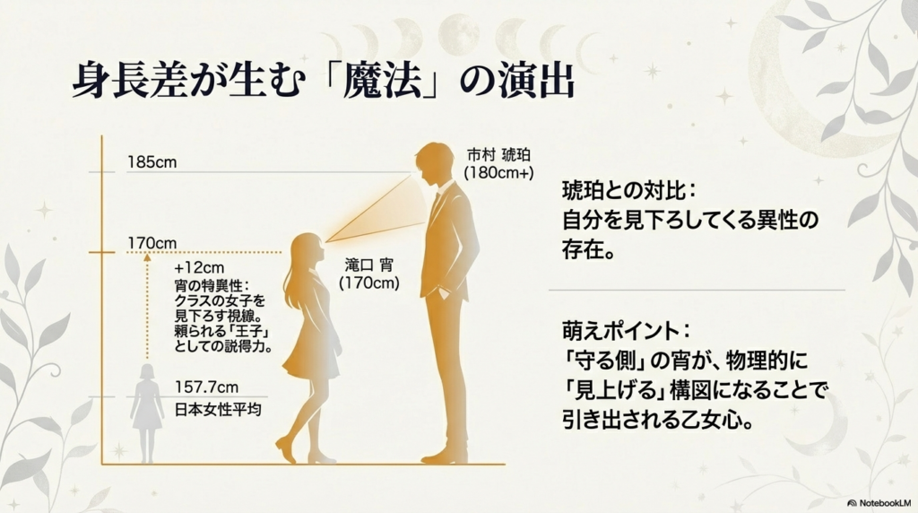 滝口宵の170cmという身長の特異性と、市村琥珀との身長差が生む萌えポイントの解説図