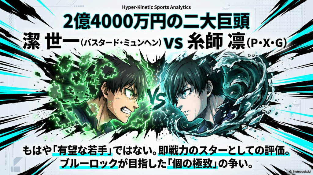 もはや即戦力のスターとして評価される潔世一と糸師凛の「個の極致」の争いを示すスライド