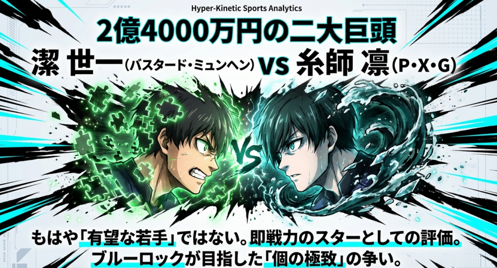 もはや即戦力のスターとして評価される潔世一と糸師凛の「個の極致」の争いを示すスライド