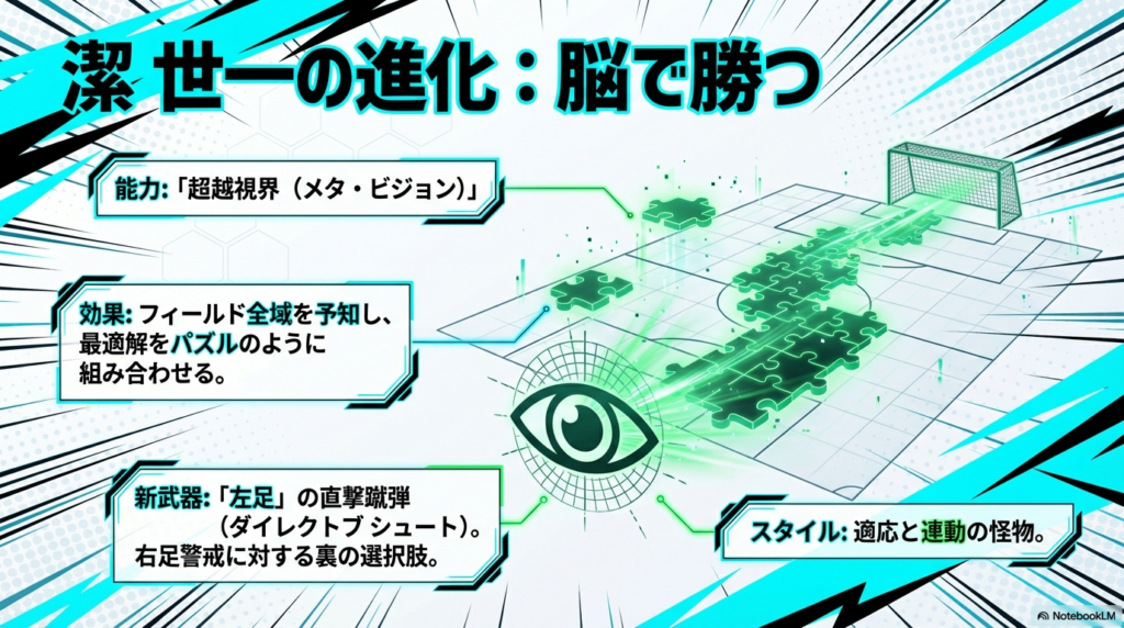 超越視界（メタ・ビジョン）による未来予知と、新武器である左足の直撃蹴弾を解説する潔世一の能力スライド