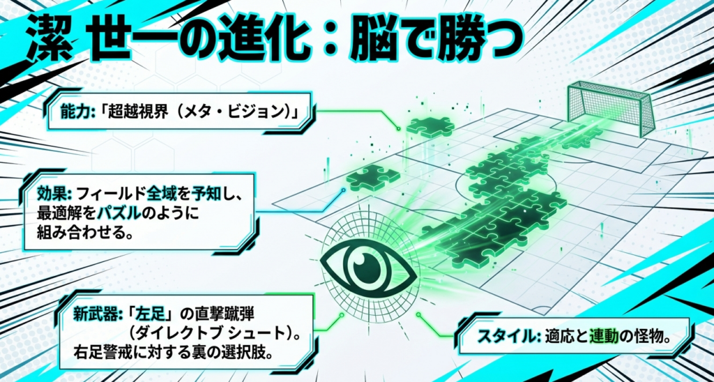 超越視界（メタ・ビジョン）による未来予知と、新武器である左足の直撃蹴弾を解説する潔世一の能力スライド