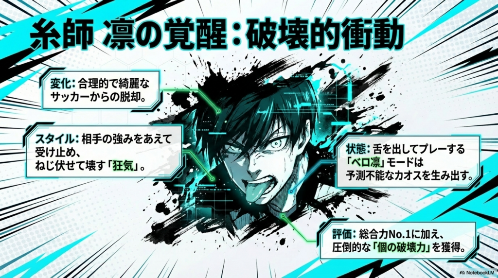 相手をねじ伏せ壊す「狂気」のプレースタイルと予測不能なカオスを生み出す「ベロ凛」モードを解説する糸師凛のスライド