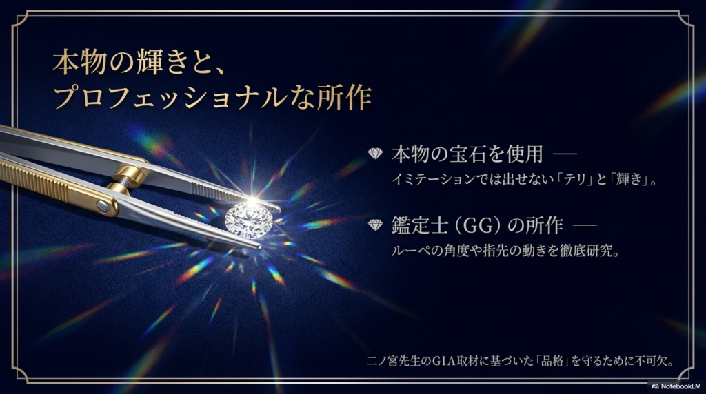 本物の宝石使用と鑑定士の所作指導の重要性