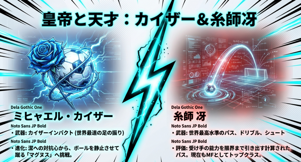 ミヒャエル・カイザーのカイザーインパクトと新技マグヌス、糸師冴の世界最高水準のパスと技術を解説するスライド