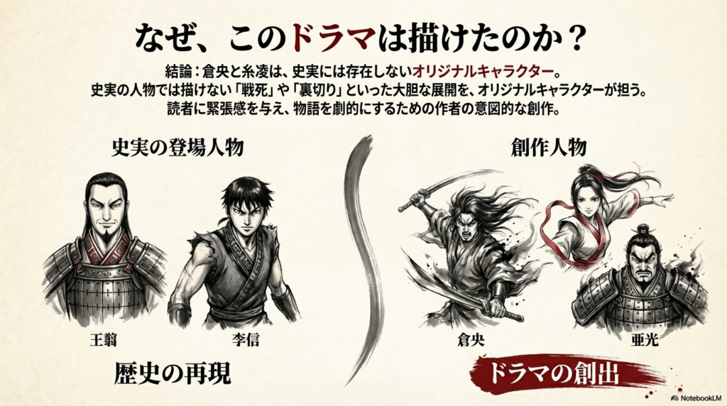 倉央と糸凌が創作キャラクターであるからこそ、史実では描けない大胆なドラマが可能になるという解説図。