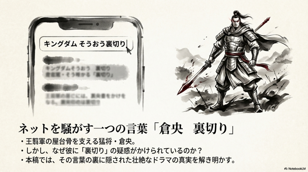 王翦軍の屋台骨である倉央に、なぜ裏切りの疑惑がかけられているのかを提示する導入スライド。