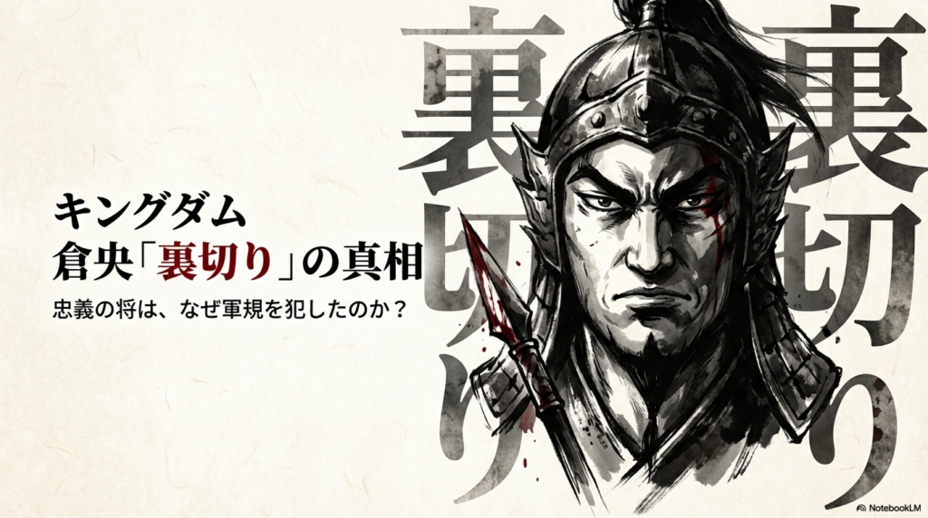 キングダムの武将・倉央（そうおう）の裏切りの真相と軍規を犯した理由を解説するタイトルのスライド画像。