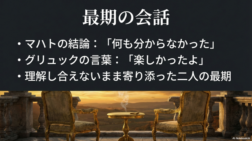 マハトとグリュックの最期の会話と楽しかったという言葉