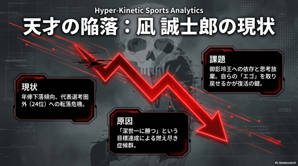 燃え尽き症候群と他者への依存により年俸下落傾向にある凪誠士郎の現状と復活への課題をまとめたスライド