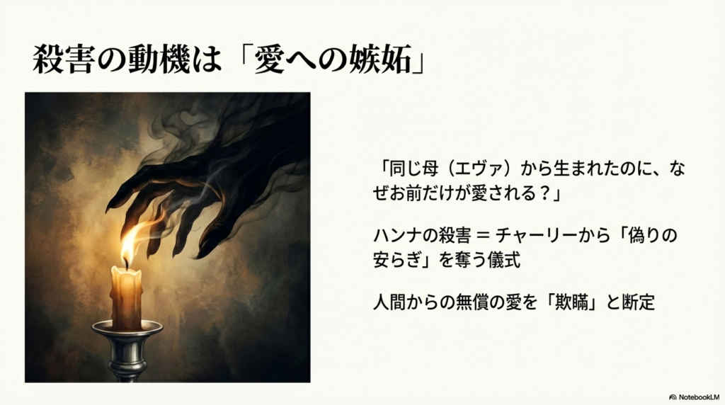 チャーリーへの嫉妬から「偽りの安らぎ」を奪うためにハンナを殺害したオメラスの動機解説画像