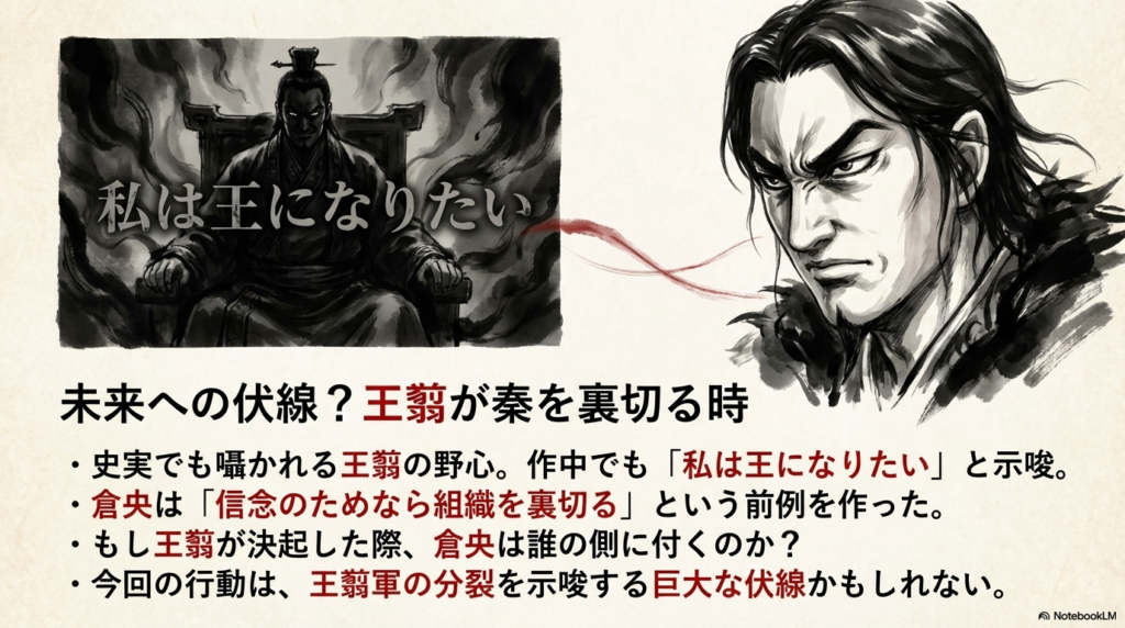 王翦が秦を裏切る可能性と、倉央の今回の行動が将来の王翦軍分裂の伏線になる可能性を考察したスライド。