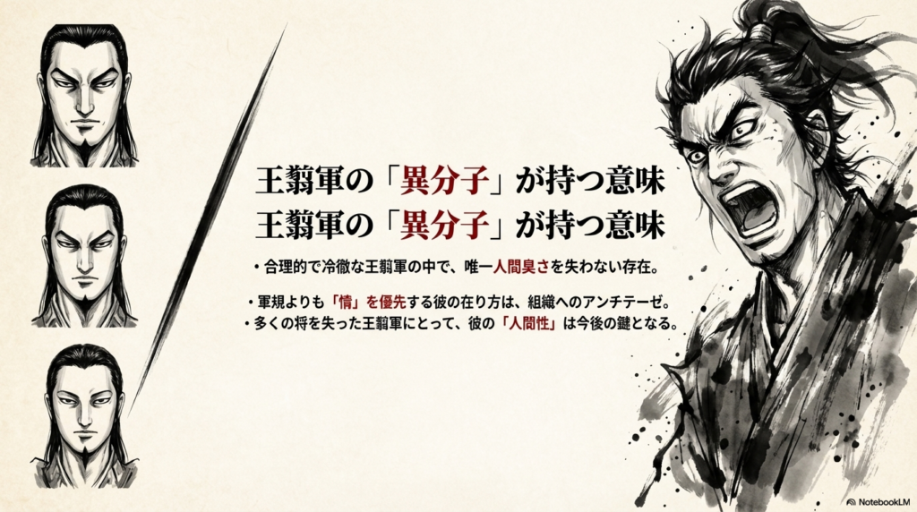 合理的で冷徹な王翦軍の中で、情を優先する倉央の人間性が組織において持つ意味を分析したスライド。