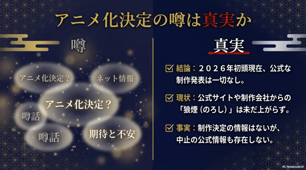応天の門のアニメ化決定の噂に関するファクトチェック。2026年初頭時点で公式発表はなく、制作の狼煙は上がっていない現状を解説。