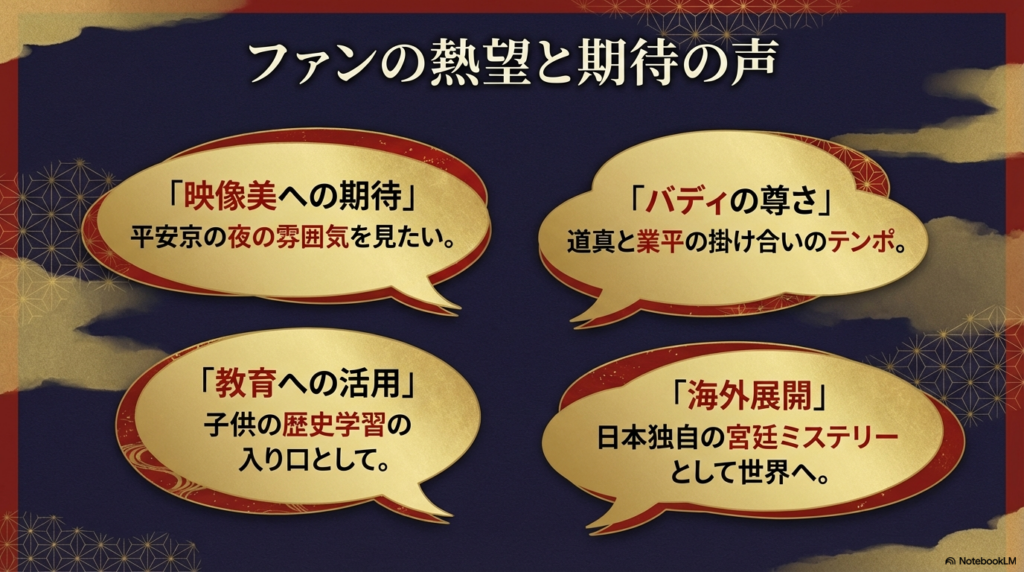 『応天の門』アニメ化を熱望するファンの声。映像美への期待、道真と業平のバディの尊さ、歴史学習への活用、海外展開への期待など。