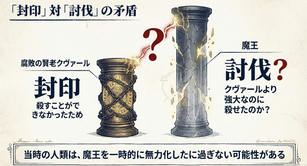 クヴァールを殺せず封印した勇者一行が、より強大な魔王を殺せたのかという矛盾を指摘する比較図。