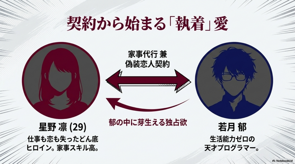 家事代行兼偽装恋人契約から始まる星野凛と若月郁の執着愛の関係性を示す図