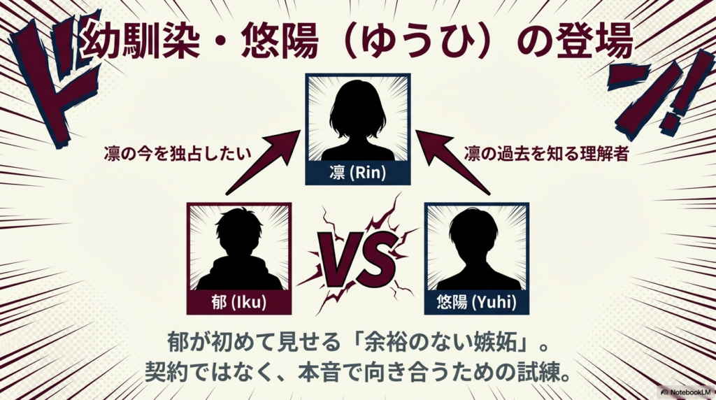 凛の過去を知る悠陽の登場で郁が余裕のない嫉妬を見せる三角関係の図解