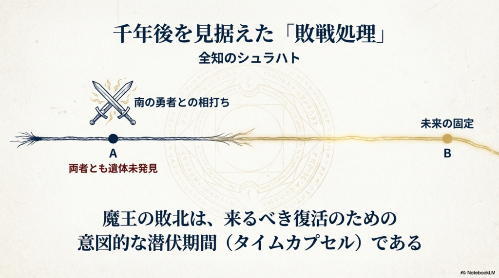 南の勇者との相打ちから魔王の復活（千年後）までを見据えた、シュラハトによる未来の固定を視覚化した資料。