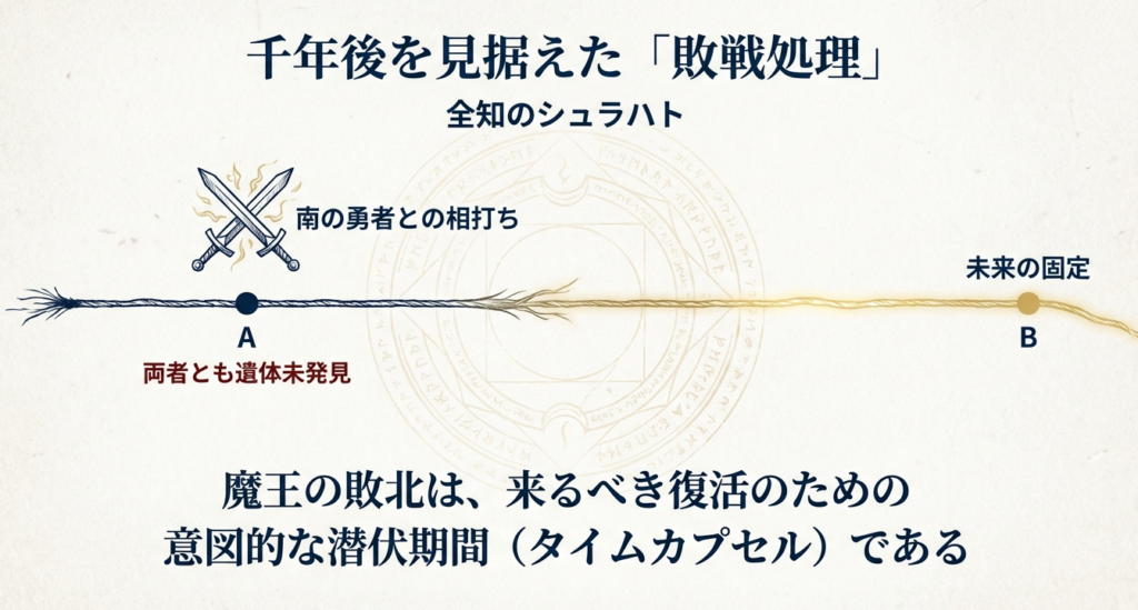 南の勇者との相打ちから魔王の復活（千年後）までを見据えた、シュラハトによる未来の固定を視覚化した資料。