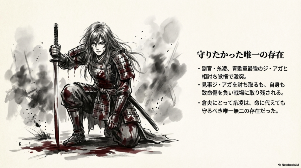 副官の糸凌がジ・アガを討つも致命傷を負い、戦場に取り残される様子を説明するスライド。