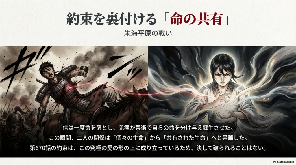 朱海平原の戦いで、羌瘣が禁術を使い自らの命を信に分け与えて蘇生させた名シーンの図解スライド