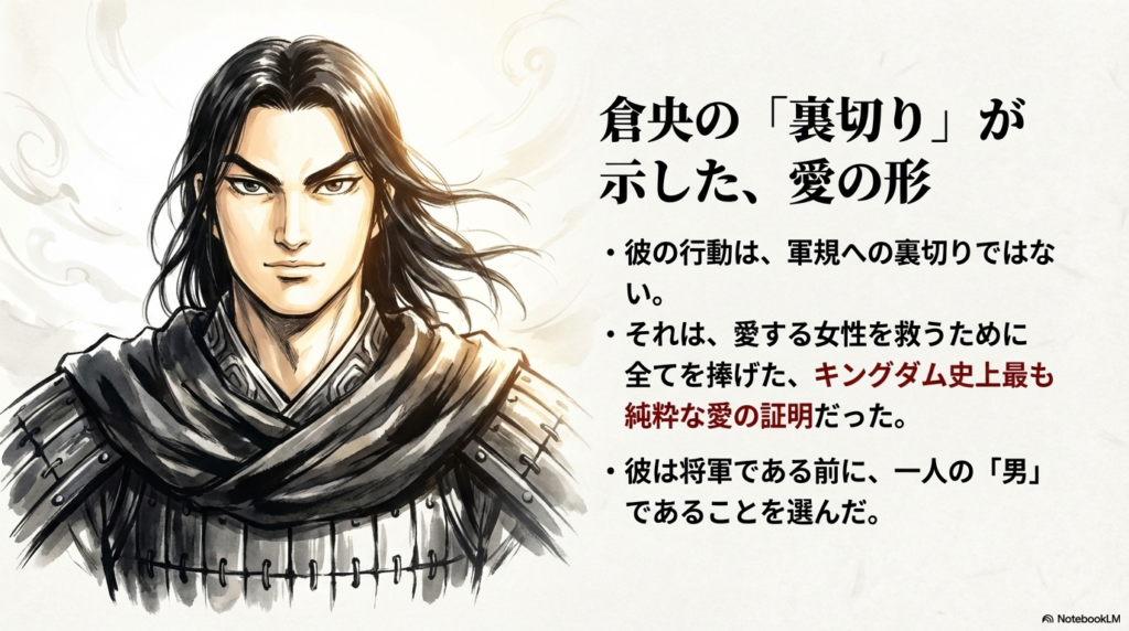 倉央の行動は一人の男として愛を捧げた純粋な愛の証明であったと結論づけるまとめスライド。