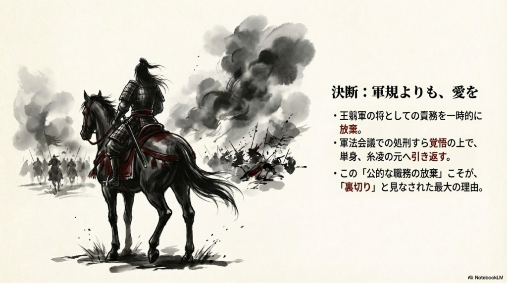 倉央が王翦軍の将としての責務を一時放棄し、処刑覚悟で糸凌を救いに行く決断を示したスライド。