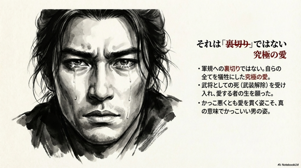 倉央の行動は軍規への裏切りではなく、自らを犠牲にした究極の愛であると解説するスライド。