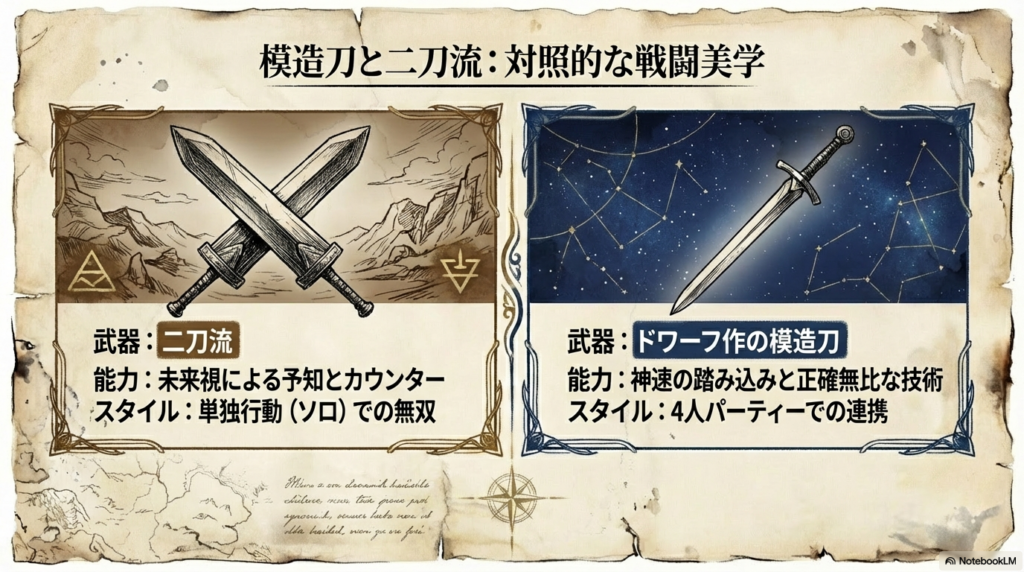 南の勇者の二刀流・未来視スタイルとヒンメルの模造刀・神速スタイルの対比図