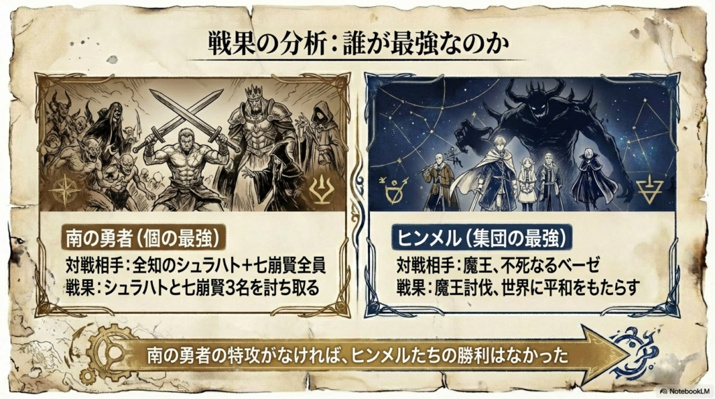 全知のシュラハトや七崩賢討伐数に基づく南の勇者とヒンメルの強さ比較分析