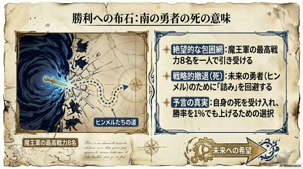 南の勇者がシュラハトたちを抑えることでヒンメル一行のルートを確保した戦略図