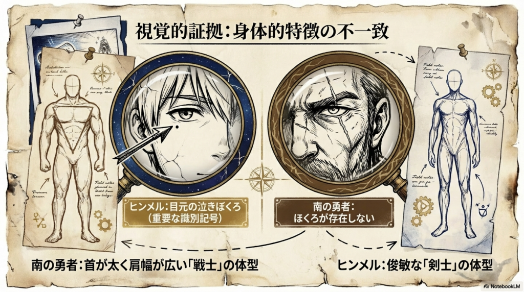 ヒンメルの泣きぼくろと南の勇者の身体的特徴の違いを示す比較イラスト