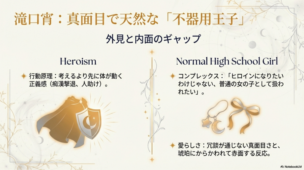 滝口宵の正義感あふれる行動原理と「普通の女の子」として扱われたいコンプレックスを解説したスライド