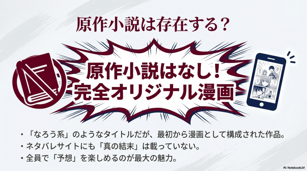原作小説はなく完全オリジナル漫画であること、結末を皆で予想できる魅力を伝える画像