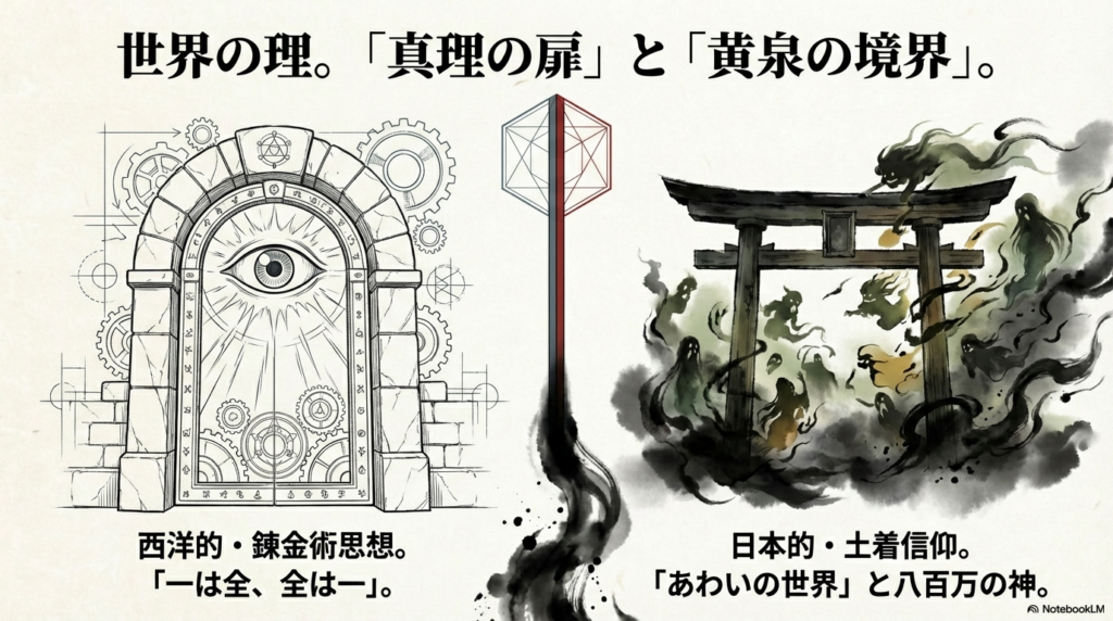 「真理の扉」が象徴する西洋的錬金術思想と、「黄泉の境界」が象徴する日本的・土着信仰の世界観を対比したイメージ図 。