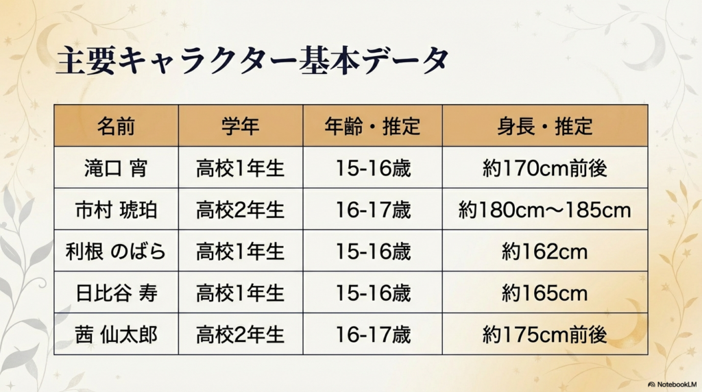 滝口宵、市村琥珀、のばら、寿、仙太郎の身長・年齢推定データ一覧表スライド
