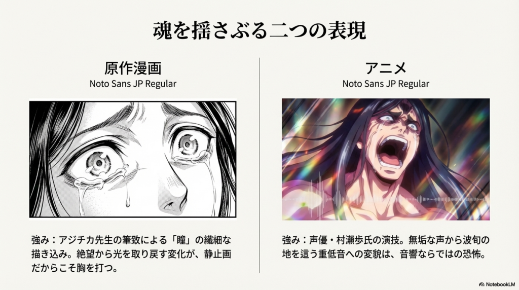 瞳の描き込みが光る原作漫画の零福と、村瀬歩氏の演技が光るアニメ版の比較イメージ