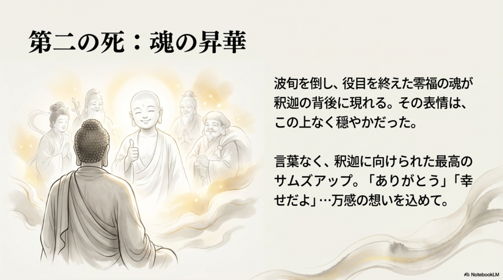 波旬を倒し、穏やかな表情で釈迦にサムズアップを送りながら消えていく零福の魂