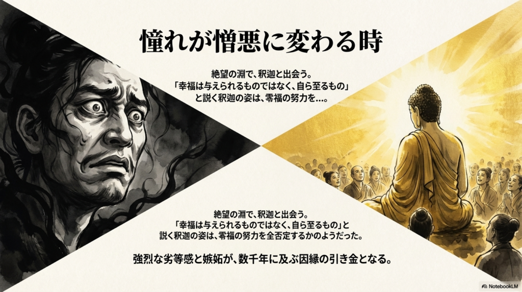 自ら至る幸福を説く釈迦と、自らの努力を全否定されたと感じて嫉妬する零福