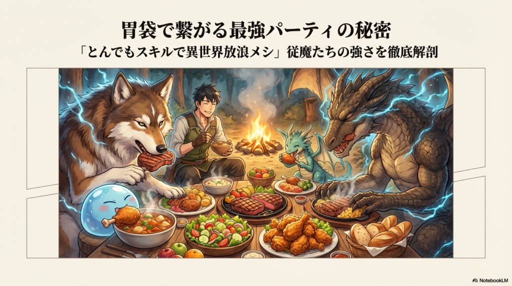 とんでもスキルで異世界放浪メシに登場する従魔たちの一覧と、その最強の強さや進化についての解説記事の表紙画像。
